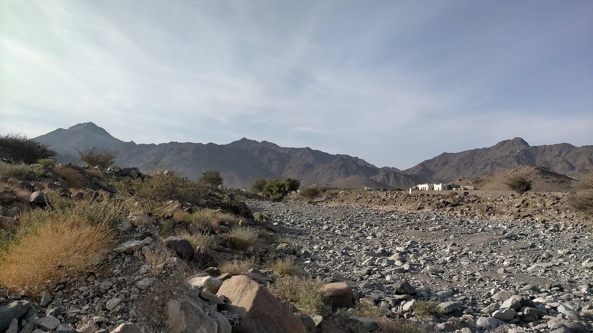 Jabal Bū Faraj — Wadi Al Qor shortly after the beginning of its middle course - Jabal Bu Faraj in the background.jpg